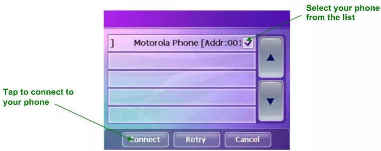 Select your phone from the list Motorola Phone [Addr:00] Tap to connect to your phone Connect Retry Cancel