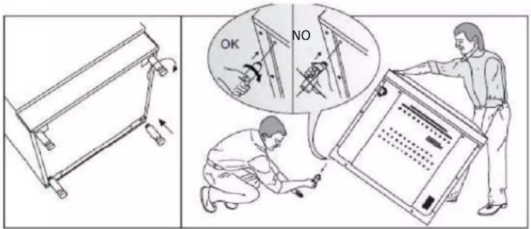 Technical diagram illustrating a mechanical assembly process with labeled states (OK, NO) and a technician inspecting components.