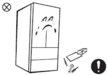 Diagram showing a refrigerator with exhaust smoke, warning symbols, and an alert icon