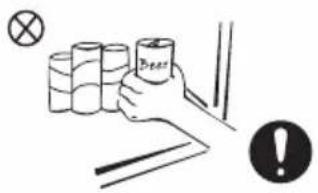 Illustration showing a hand holding beer bottles with a warning symbol and an 'X' symbol, next to stacked containers and a warning icon.