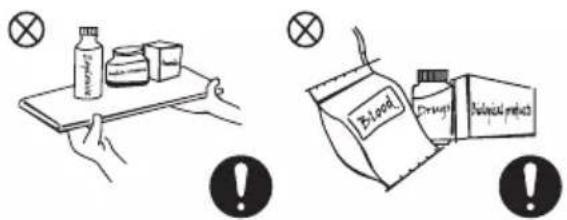 Illustration showing two food safety scenarios: one with a tray of milk and a hand holding it, the other with a packet labeled 'Blood' and warning symbols.