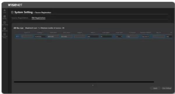 WISENET System Setting > Source Registration Source Registration IM Registration All Bus List: Shifted user - 1 / Mainset number of users: IM Input: 0.1 Output: 0.01 Error: 0.005 Error: 0.002 Error: 0.001 Error: 0.0005 Error: 0.0002 Error: 0.0001 Error: 0.00005 Error: 0.00002 Error: 0.00001 Error: 0.000005 Error: 0.000002 Error: 0.000001 Error: 0.0000005 Error: 0.0000002 Error: 0.0000001 Error: 0.00000005 Error: 0.00000002 Error: 0.00000001 Error: 0.000000005 Error: 0.000000002 Error: 0.000000001 Error: 0.0000000005 Error: 0.000000001 Error: 0.0000000002 Error: 0.000000001 Error: 0.000000198 Error: 1 Apply Show Settings