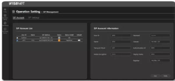WISENET Operation Setting - SIP Management SIP Account SIP Settings SIP Account List User ID Name SIP Address Status System Default Default Default SIP Address 100% 100% 2023 TCP Server 100% 100% 100% SIP Account Information User ID: HTTP Password Name: HTTP Address Transport Mode: HTTP Authentication ID: HTTP Mobile Encryption: HTTP Display status: HTTP Register: HTTP USB Save Tools
