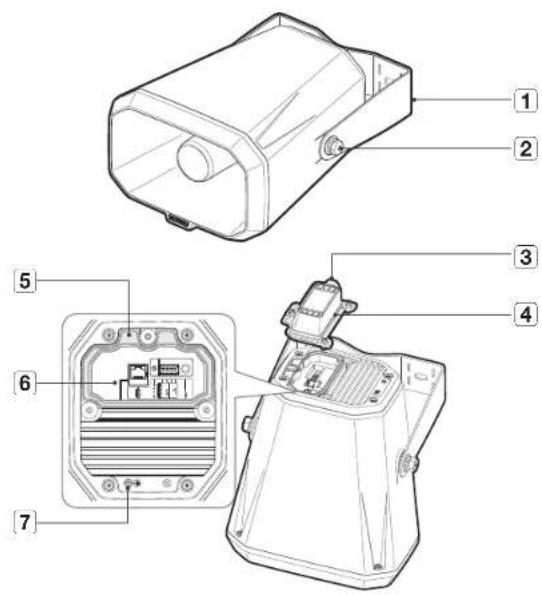Technical diagram of a device with numbered parts, showing exploded and assembled views of the device's internal components.