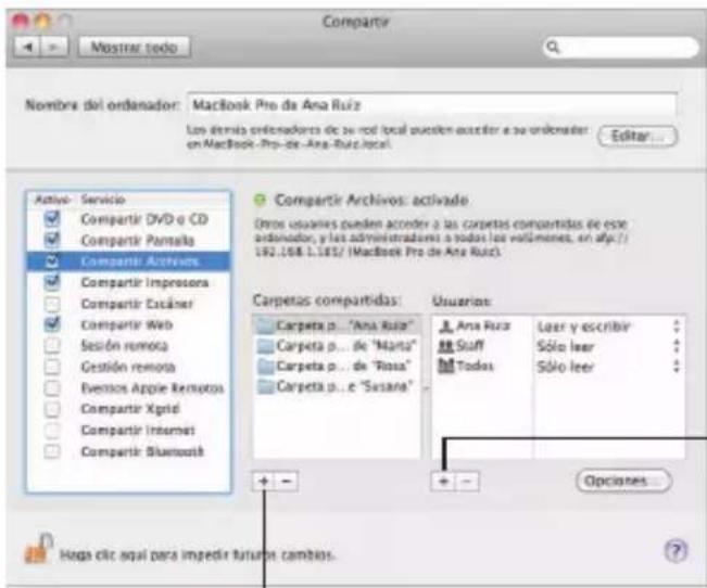 Nombre del ordenador: MacBook Pro de Ana Ruiz Los demás ordenadores ¿c se rod local quicken exudir a su ordenador en MacBook-Pro-de-Ana-Ruiz.local. Editor... Active - Servicio Compartir DVD o CD Compartir Pampaña Compartir Activos Compartir Impressora Compartir Escáner Compartir Web Sesión remoca Gestión remora Eventos Apple Remotos Compartir Xgrid Compartir Internet Compartir Bluetooth Compartir Activos: activado Otros usuarios pueden accender a las carpetes compartidas de ese ordenador, y les administradores a todos los voluciones, en afly.71 192.168.1.185/ (MacBook Pro de Ana Ruiz). Carpetas compartidas: Carpeta p... "Ana Ruiz" Carpeta p... de "Marto" Carpeta p... de "Rosa" Carpeta p... e "Susana" Usuarios: Ana Ruiz Leer y escribir Stuff Sólo leer Todos Sólo leer + - + - Opciones... Hega clic anal para impedir futuras cambios.
