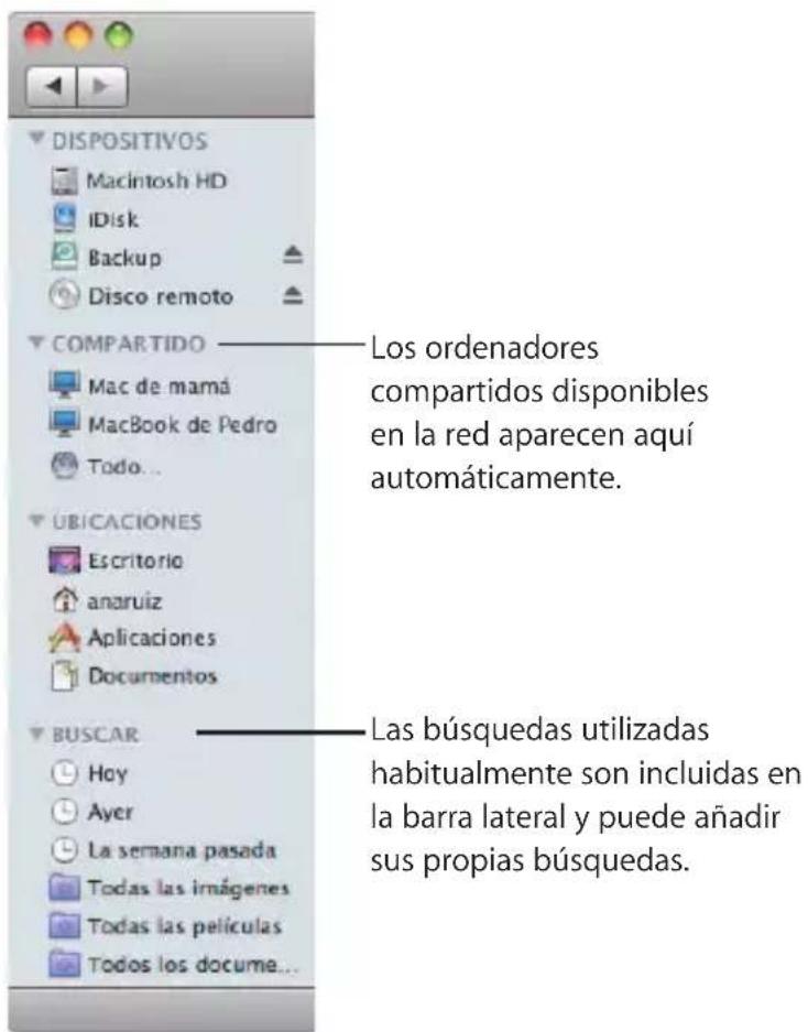 DISPOSITIVOS Macintosh HD iDisk Backup Disco remoto COMPARTIDO Mac de mamá MacBook de Pedro Todo... UBICACIONES Escritorio anaruiz Aplicaciones Documentos BUSCAR Hoy Ayer La semana pasada Todas las imágenes Todas las películas Todos los docume... Los ordenadores compartidos disponibles en la red aparecen aquí automáticamente. Las búsquedas utilizadas habitualmente son incluidas en la barra lateral y puede añadir sus propias búsquedas.