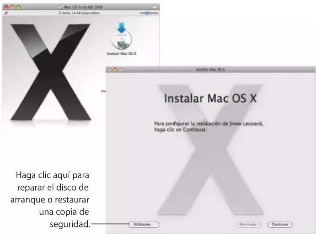 Mac OS X Install DVD Instalar Mac OS X Instalar Mac OS X Haga clic aquí para reparar el disco de arranque o restaurar una copia de seguridad. Para configurar la instalación de Snow Leopard, haga clic en Continuar. Utilidades... Remicador... Continuar...