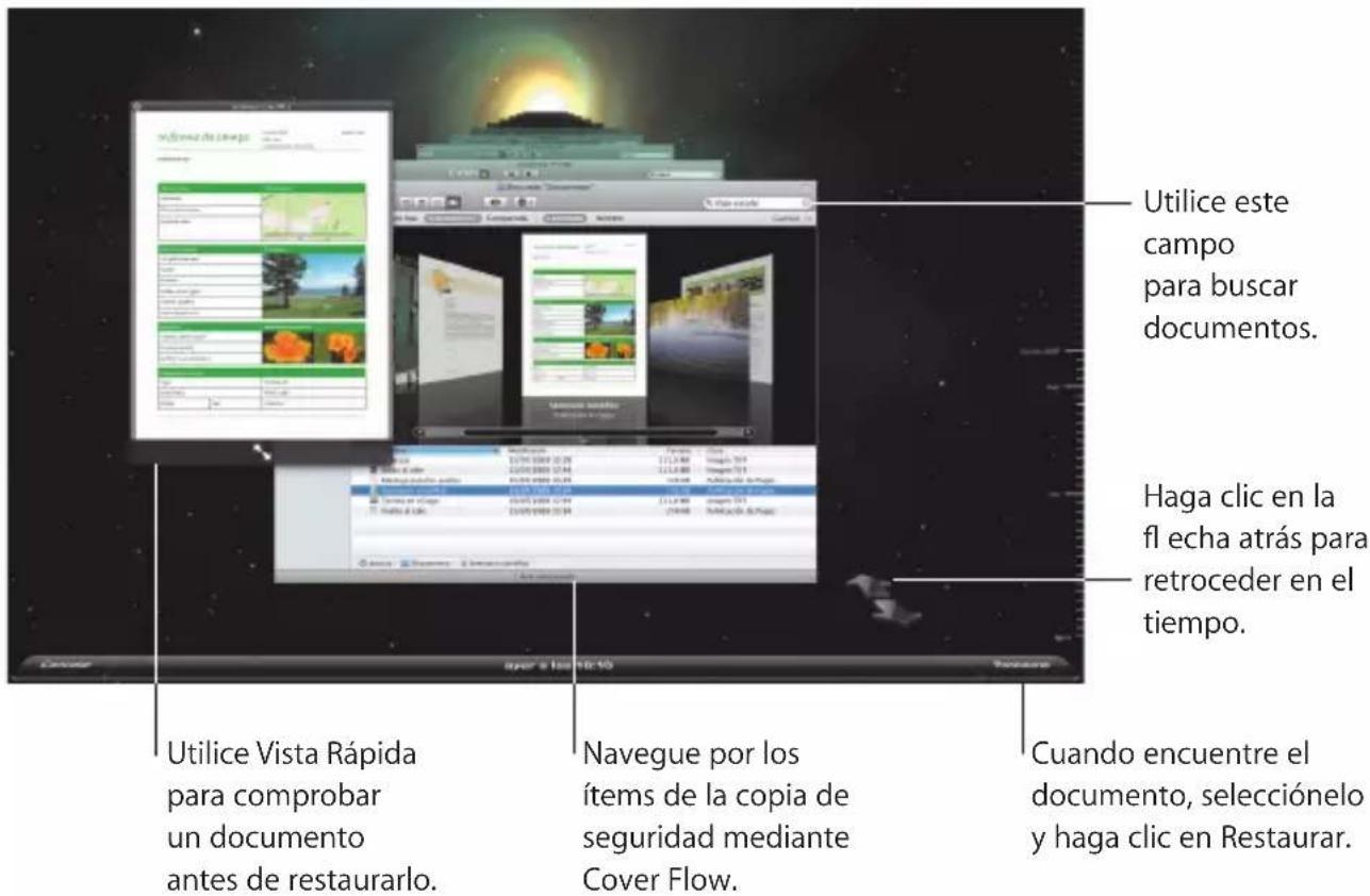 Utilice este campo para buscar documentos. Haga clic en la fl echa atrás para retroceder en el tiempo. Utilice Vista Rápida para comprobar un documento antes de restaurarlo. Navegue por los ítems de la copia de seguridad mediante Cover Flow. Cuando encuentre el documento, selección y haga clic en Restaurar.