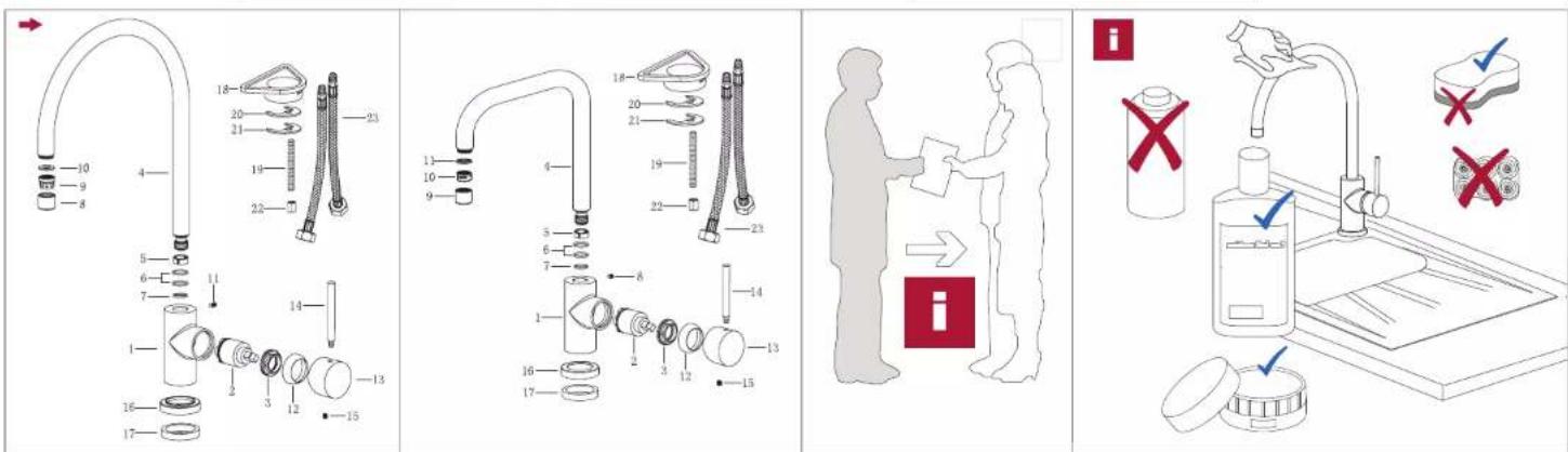Medical procedure diagram showing catheter placement, valve placement, and disinfection steps with numbered labels