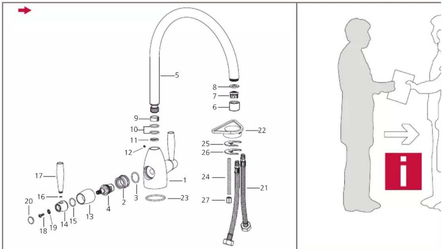 Technical diagram showing exploded and assembled parts of a showerdown device with numbered labels and a corresponding illustration of a person receiving instructions.