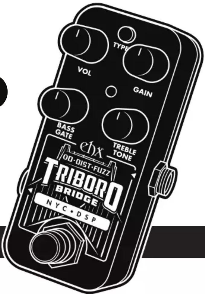 TYPE VOL GAIN BASS GATE ehx TREBLE TONE OD-DIST-FUZZ TRIBORO BRIDGE NYC·DSP