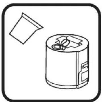 Simple line drawing of a cylindrical container with a paper drop and a separate paper stack, enclosed in a rounded square frame (no text or symbols)