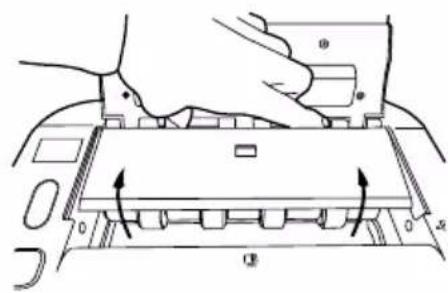 Diagram showing hand pressing a component on a device with directional arrows indicating movement or force