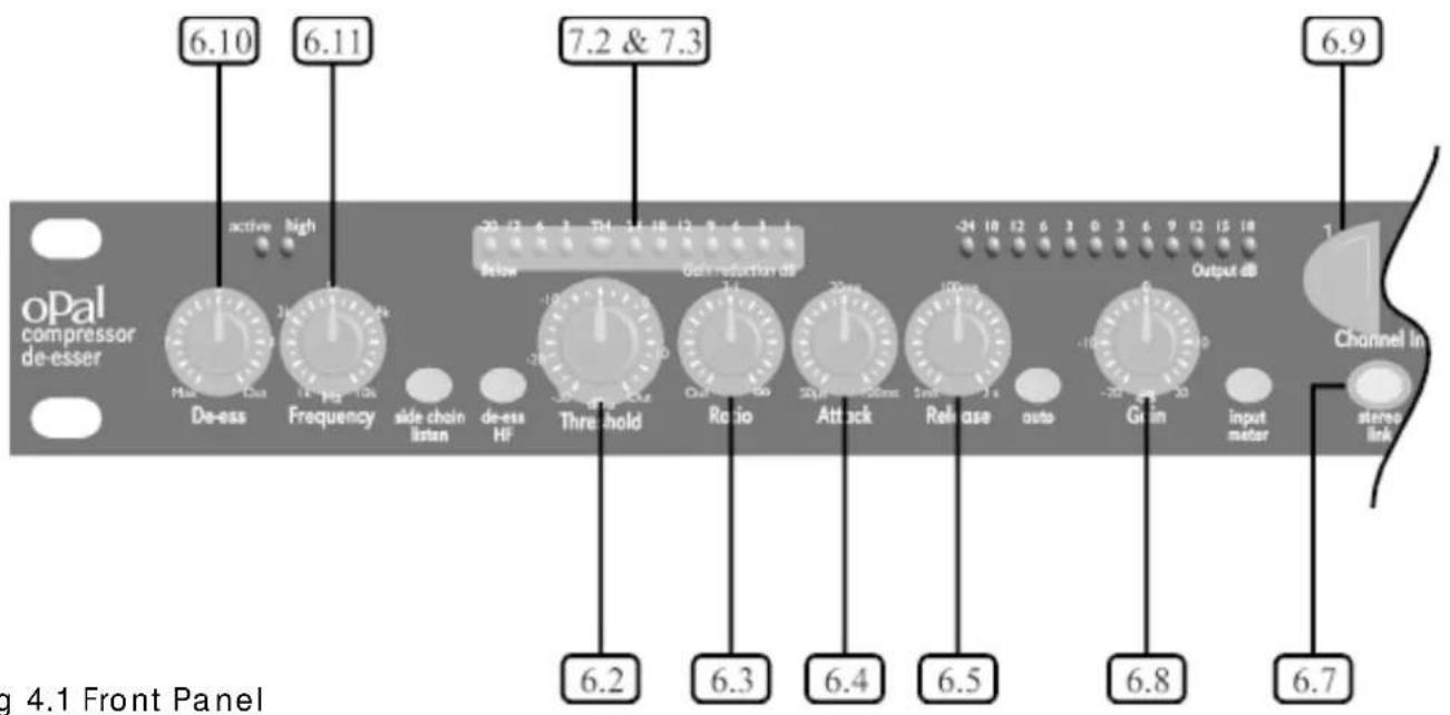 opal compressor de-esser De-ess Active high 6.10 6.11 7.2 & 7.3 Frequency Side chain listen de-ess HF Threshold Radio Attack Release auto Gain Output dB Channel In stereo link 6.9 6.2 6.3 6.4 6.5 6.8 6.7 g 4.1 Front Panel