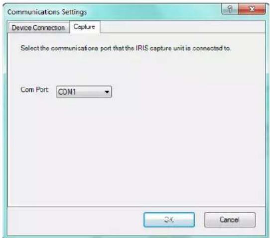 Communications Settings Device Connection Capture Select the communications port that the IRIS capture unit is connected to. Com Port: COM1 OK Cancel