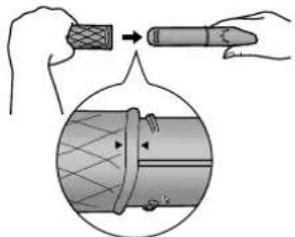 Diagram illustrating a procedure for handling a cylindrical object with a tool, showing step-by-step assembly and directional arrows.