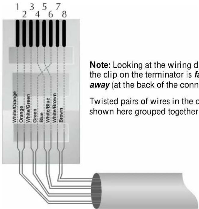 1 2 3 4 5 6 7 8 White/Orange Orange White/Green Green Blue White/Blue White/Brown Brown Note: Looking at the wiring di the clip on the terminator is fa away (at the back of the conn Twisted pairs of wires in the c shown here grouped together.