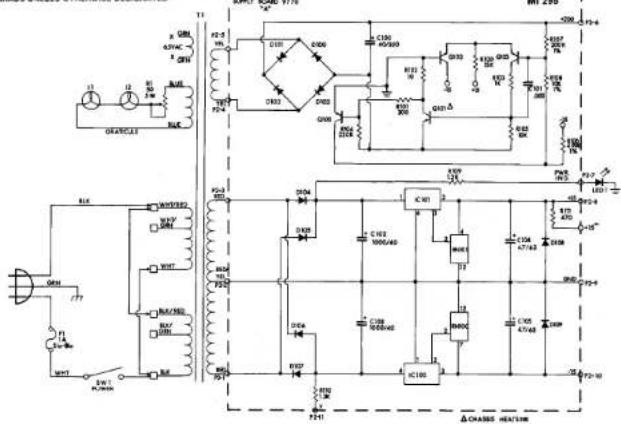 Electrical schematic diagram with labeled components including transformers, capacitors, diodes, and resistors