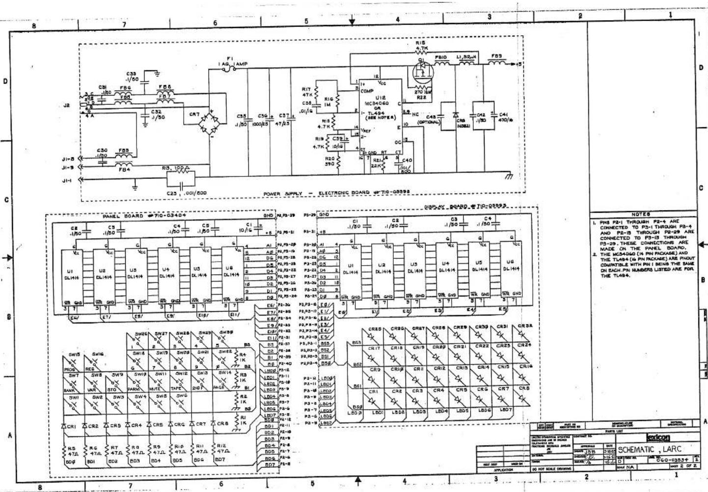 Electrical schematic diagram of a power supply and electronic board with component labels and pinout table