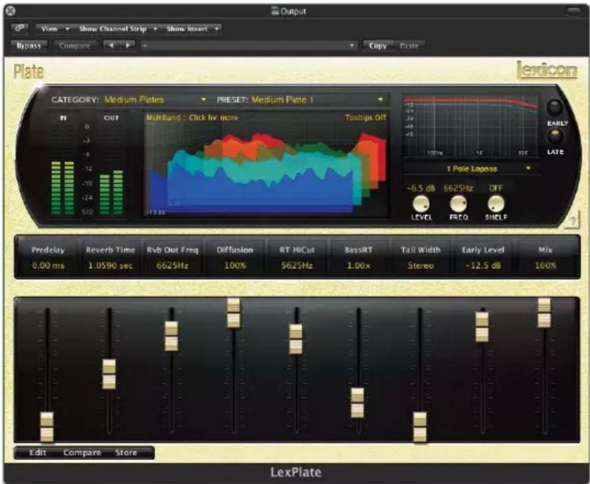 Output View Show Channel Strip Show Insert Bypass Compare Copy Paste Plate CATEGORY: Medium Plates PRESET: Medium Plate 1 Multiband : Click for more Toohips Off N OUT -3 -5 -12 -16 -24 -510 12.3k EARLY LATE 1 Pole Logpass -6.5 dB 6625Hz OFF LEVEL FREQ SHOLE Predelay Reverb Time Rvb Out Freq Diffusion RT HiCut BassRT Tail Width Early Level Mix 0.00 ms 1.0590 sec 6625Hz 100% Stereo -12.5 dB 100% Edit Compare Store LexPlate