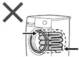 Diagram showing a washing machine with a cross mark and arrows indicating internal components or airflow direction.