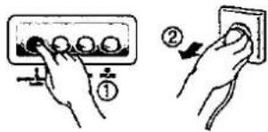 Diagram showing hand operating a control panel with numbered buttons and a switch, labeled with step ① and step ②.
