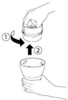 Diagram showing two steps of a hand holding a small container, labeled with arrows indicating direction of movement.
