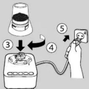 Diagram showing a hand holding a power outlet connected to a portable phone, with numbered steps indicating connection from top to bottom.