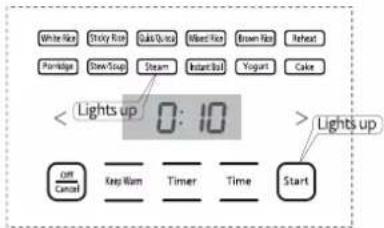 White Rice, Sticky Rice, Cake (Pie), Mint Rice, Brown Rice, Repeat, Portugal, Dow/Soup, Steam, Instant Roll, Yogurt, Cake. < Lights up 0:10 > Lights up. On, Cancel, Keep Warm, Timer, Time, Start