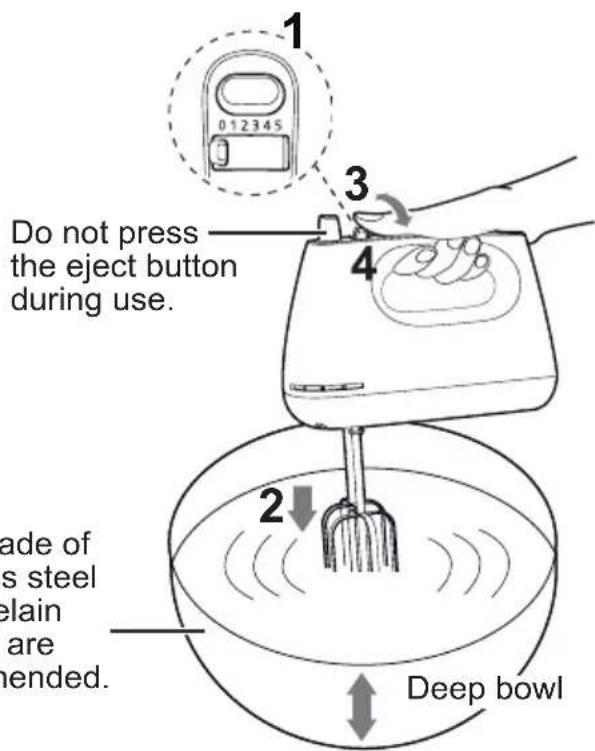 1 0 12345 Do not press the eject button during use. 2 Made of s steel lain are hended. Deep bowl