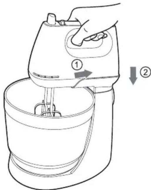 Diagram showing a hand operating a motor mixer with labeled steps ① and ② indicating the process.
