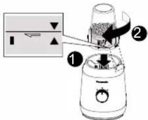 Diagram of a blender with labeled steps showing the process from step 1 to step 2