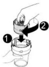 Diagram showing a hand pouring liquid into a jar with labeled steps ① and ②