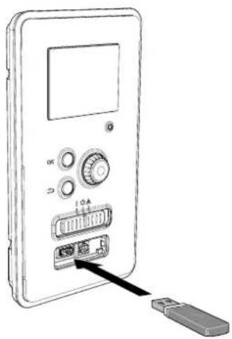 Diagram of an electronic device with labeled ports and indicators, showing a USB port connected to a USB drive.
