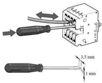 Technical diagram showing screwdriver tool installation with 1 mm diameter and 3.5 mm thickness dimension