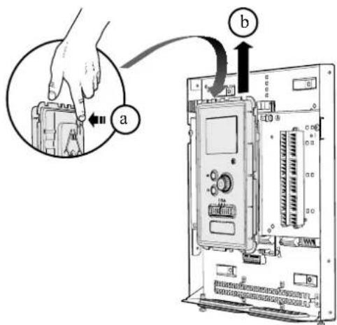 Diagram showing a hand inserting a device into a server rack, labeled with component 'a' and component 'b'