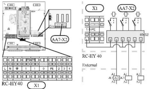 AA7-X2 L N 1 1 0 PE 2 3 4 RC-HY40 X1 X1 AA7-X2 1 0 PE 654-321 RC-HY 40 External A1 A1 -K1-K2-K3 A2 A2 A1 A2