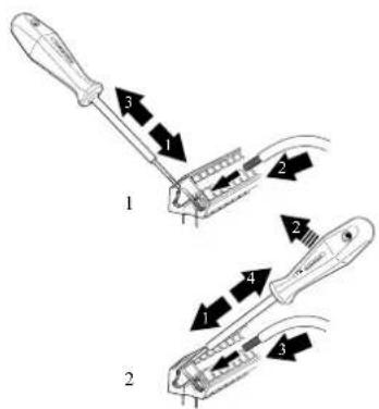 Diagram showing two different tool positions (1 and 2) with numbered arrows indicating movement or sequence.