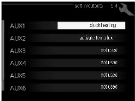 soft in/outputs 5.4 AUX1 block heating AUX2 activate temp lux AUX3 not used AUX4 not used AUX5 not used AUX6 not used