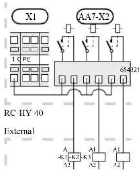 X1 AA7-X2 1 C PE 654321 RC-HY 40 External A1 -K1 K2 K3 A2 A1 A2 A1 A2
