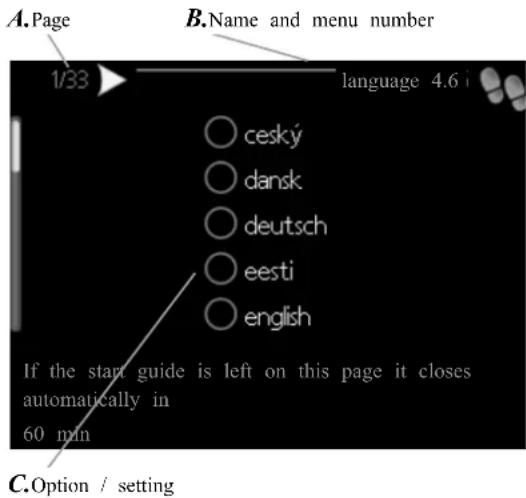A.Page B.Name and menu number 1/33 language 4.6 i cesky dansk deutsch eesti english If the start guide is left on this page it closes automatically in 60 min C.Option / setting