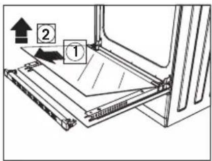 Diagram showing a mechanical assembly with labeled components and directional arrows indicating motion or force.