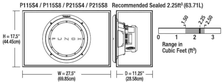 P115S4 / P115S8 / P215S4 / P215S8 Recommended Sealed 2.25ft³ (63.71L) H = 17.5" (44.45cm) W = 27.5" (69.85cm) D = 11.25" (28.58cm) Range in Cubic Feet (ft³)