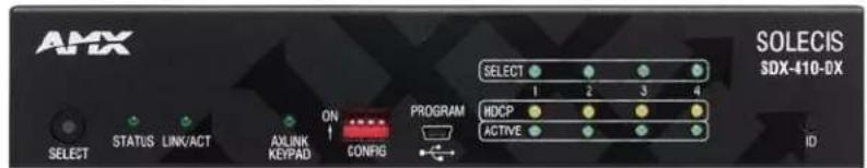 AMX SELECT STATUS LINK/ACT AXLINK KEYPAD ON ↑ CONFIG PROGRAM SELECT 1 2 3 4 HDCP ACTIVE SOLECIS SDX-410-DX ID