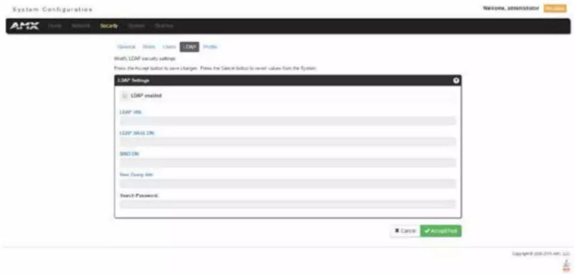 System Configurations Welcome administrator AHX LGAP Internet Security System Online General Users Users LDAP Profile Modify LDAP security settings Press the Accept Button to save LGAPs. Press the Case&Button to reveal values from the System. LDAP Settings LDAP enabled LDAP off: LDAP SASS ON: BAND ON: New Existing Jobs: Search Password: Cancel ✓ AcceptTool Copyright © 2005-2014-ACT LLC