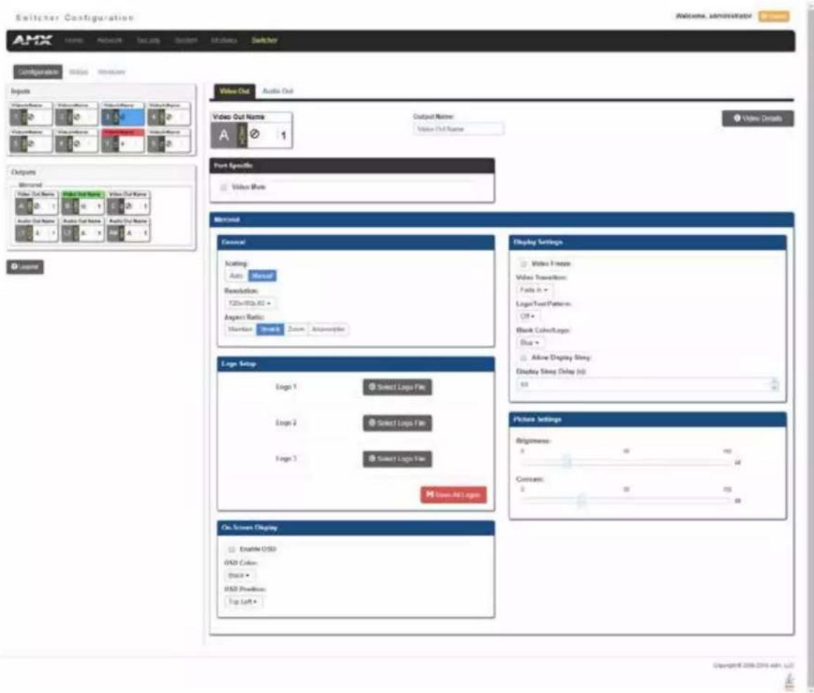 Switchter Configuration Welcome, administrator Configuration Images Settings Inputs Video Out Name Video Out Name Video Out Name Video Out Name Video Out Name Audio Out Name Audio Out Name Audio Out Name Audio Out Name Audio Out Name Output Specific Video More Normal Census! Naming: Auto Manual Resolution: 120x100x62 Angular Ratio: Standard Scale Zoom Approximate Display Settings Video Frame Video Transition: Fade In > Logo Text Pattern: Off + Blank Color/Logo: Blue + Alive Display Slow: Display Slow Delay (s) 50 Large Setup Logo 1 Select Logo File Logo 2 Select Logo Fan Logo 3 Select Logo Fan Pick up All Logs Pick up Settings Brightness: 0 40 100 Content: 0 40 100 On Screen Display Enable USD USD Color: Block * USD Position: Top Left + Copyright © 2008-2014-46h, LLC