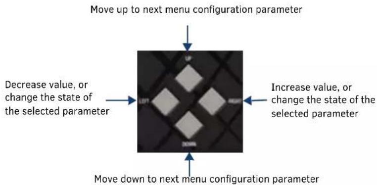 Move up to next menu configuration parameter Decrease value, or change the state of the selected parameter Increase value, or change the state of the selected parameter Move down to next menu configuration parameter