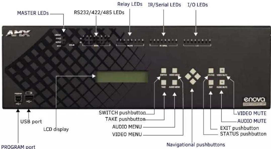 MASTER LEDs RS232/422/485 LEDs Relay LEDs IR/Serial LEDs I/O LEDs AMX LINK STADA OUTPUT OUTPUT ICLR 10000 10000 10000 10000 10000 10000 10000 10000 10000 10000 10000 10000 10000 10000 10000 10000 10000 10 USB port LCD display PROGRAM port SWITCH pushbutton TAKE pushbutton AUDIO MENU VIDEO MENU Navigational pushbuttons ENOVA VIDEO MUTE AUDIO MUTE EXIT pushbutton STATUS pushbutton