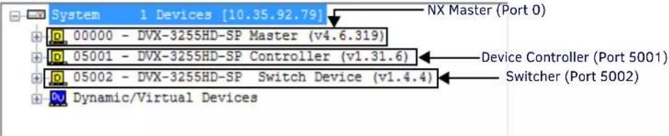 System 1 Devices [10.35.92.79] 00000 - DVX-3255HD-SP Master (v4.6.319) 05001 - DVX-3255HD-SP Controller (v1.31.6) 05002 - DVX-3255HD-SP Switch Device (v1.4.4) NV Master (Port 0) Device Controller (Port 5001) Switcher (Port 5002) Dynamic/Virtual Devices