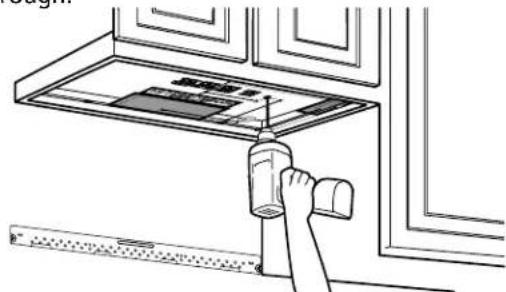 Diagram showing a hand using a tool to adjust or install a device on a cabinet, with Chinese text labels and window frame.